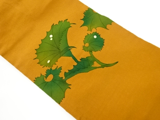 作家物　縮緬地手描き葉模様名古屋帯